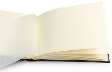 Opened part of book with blank pages on white background
