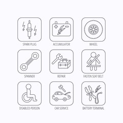 Accumulator, spanner tool and car service icons.