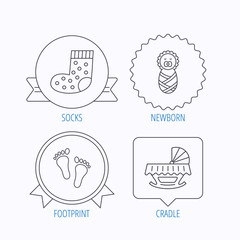 Footprint, cradle and newborn baby icons.