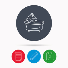 Baby in bath icon. Toddler bathing sign.