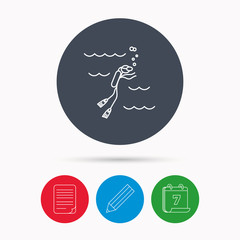 Diving icon. Swimming underwater with tube sign.