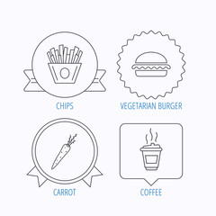 Vegetarian burger, chips and coffee icons.