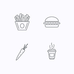Vegetarian burger, chips and coffee icons.