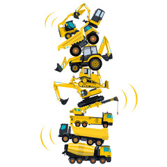 Tower assembled from building machines - truck, digger, crane, bagger, mix. Construction machinery yellow set. Collected ground works. Machine vehicles, excavator. Build equipment. Vector illustration
