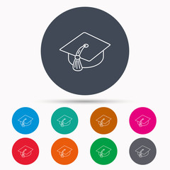 Graduation cap icon. Diploma ceremony sign.