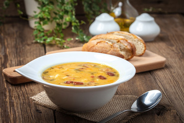 Pea soup with bacon and sausage.