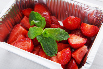 Strawberry salad closeup, vegan food.