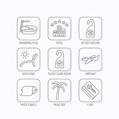 Hotel, swimming pool and beach deck chair icons.
