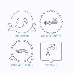 Toilet paper, gas and water counter icons.