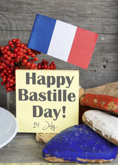 The National Celebration In France La fete nationale (Bastille Day) - text, Heart shaped cookies color red, blue, white. Cup of coffee (tea), france flag, decoration. Patriotic Breakfast Concept.