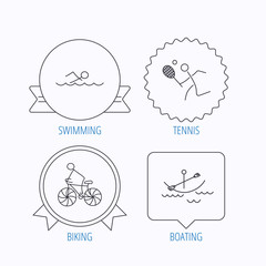 Swimming, tennis and biking icons.