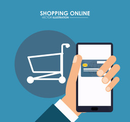 Shopping online concept represented by smartphone, credit card and shopping cart icon. Colorfull and flat illustration.
