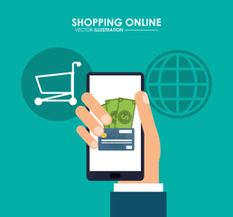 Shopping online concept represented by smartphone, bills, global, credit card and shopping cart icon. Colorfull and flat illustration.