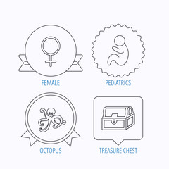 Female, treasure chest and paediatrics icons.