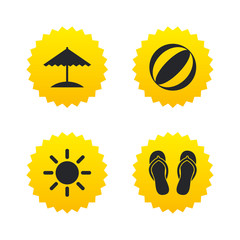 Beach holidays icons. Umbrella and sandals.