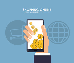 Shopping online concept represented by smartphone, coins and shopping cart icon. Colorfull and flat illustration.