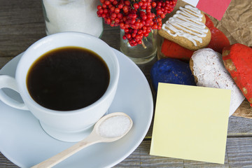 Patriotic Breakfast Concept - France flag, decoration color red, blue, sweets, miniature bucket with red berries. Concept - information holidays, dates and events Note for text