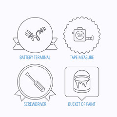 Screwdriver, battery terminal and tape measure icons.