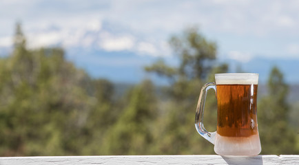 Cold beer in a chilled mug outside