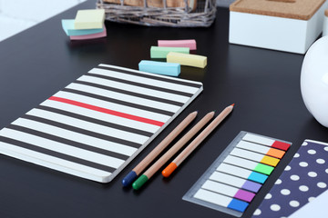 Office and school set with stationery and notebooks on a table