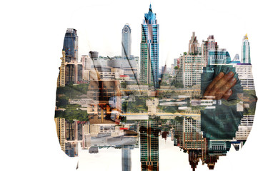 Double Exposure of Businessman and City Building