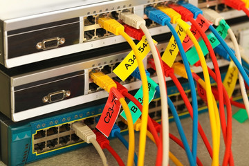 Ethernet cables connected to network switch, close up