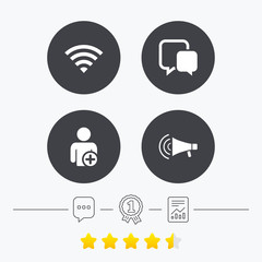Wifi and chat bubbles. Add user, megaphone.
