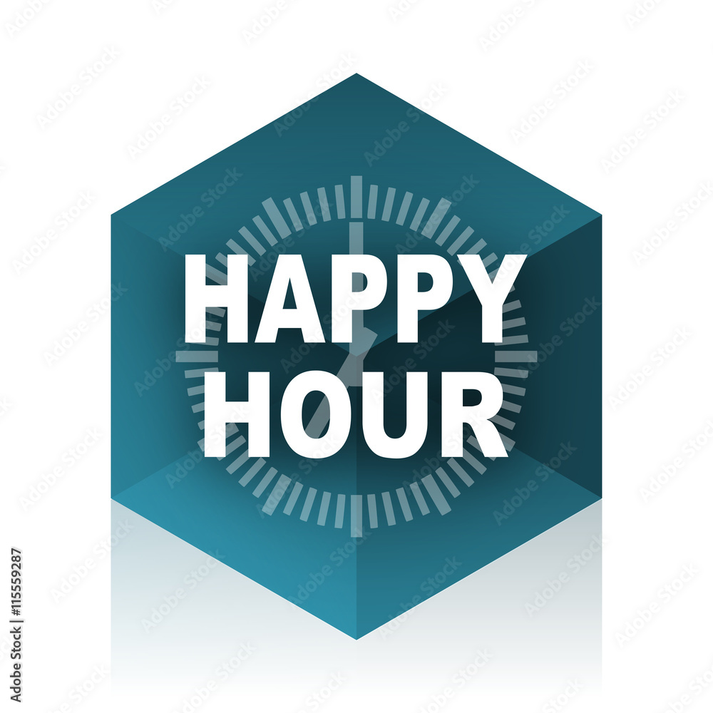 Poster happy hour blue cube icon, modern design web element