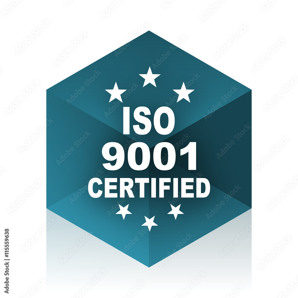 Poster iso 9001 blue cube icon, modern design web element