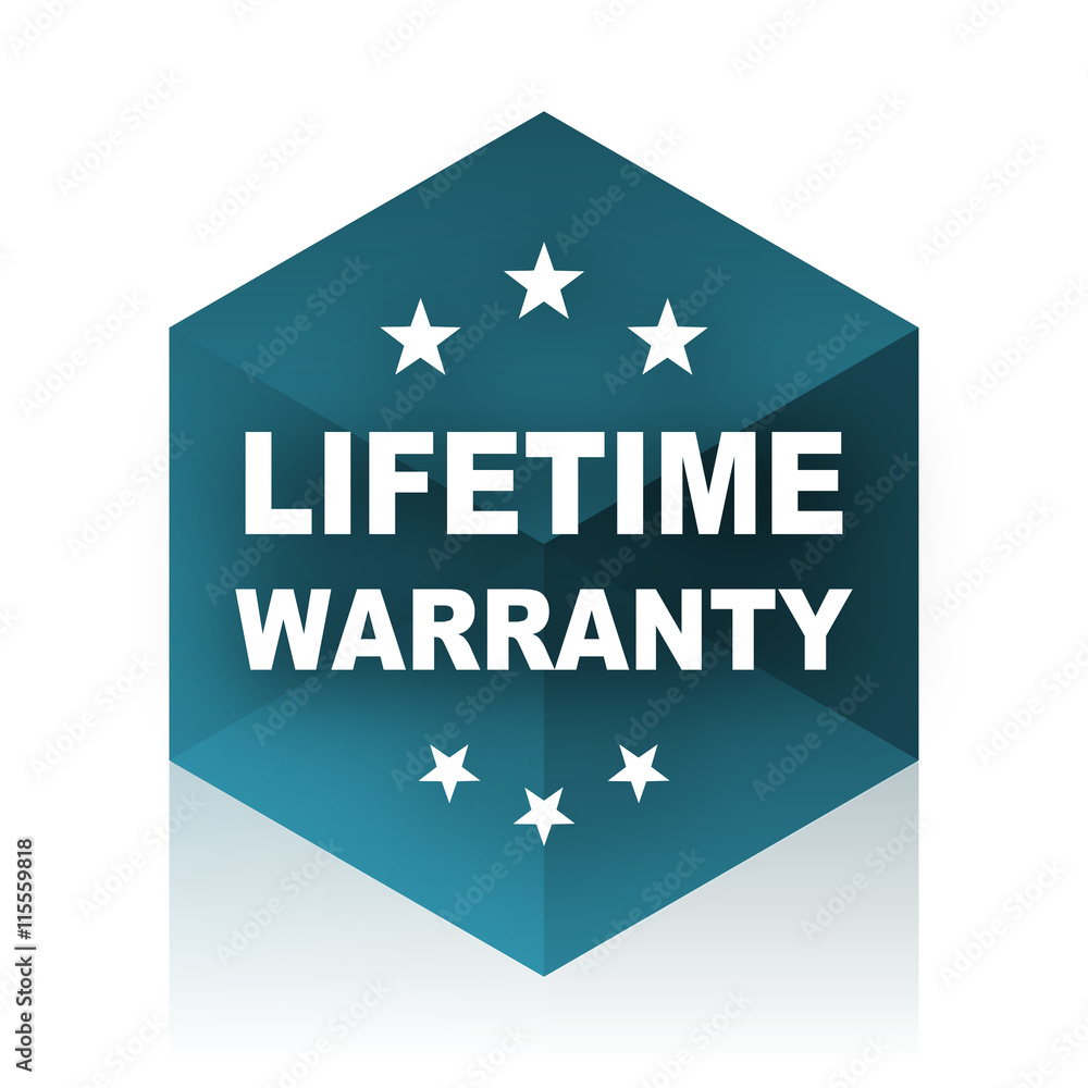 Poster lifetime warranty blue cube icon, modern design web element