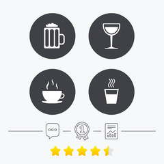 Drinks signs. Coffee cup, glass of beer icons.