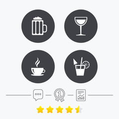 Drinks signs. Coffee cup, glass of beer icons.