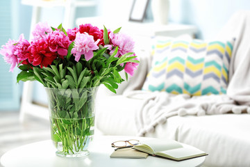 Beautiful peony bouquet in vintage interior