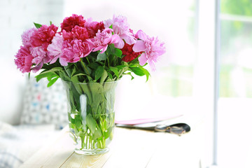 Beautiful peony bouquet in vintage interior