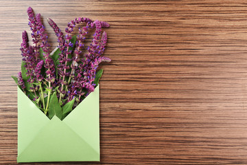 Fresh sage  flowers in an envelope on wooden background