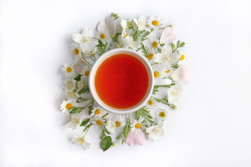 Obraz na płótnie Canvas Cup of tea with fresh flowers lying around on white background