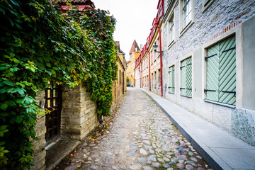 A narrow cobblestone street, in the Old Town of Tallinn, Estonia