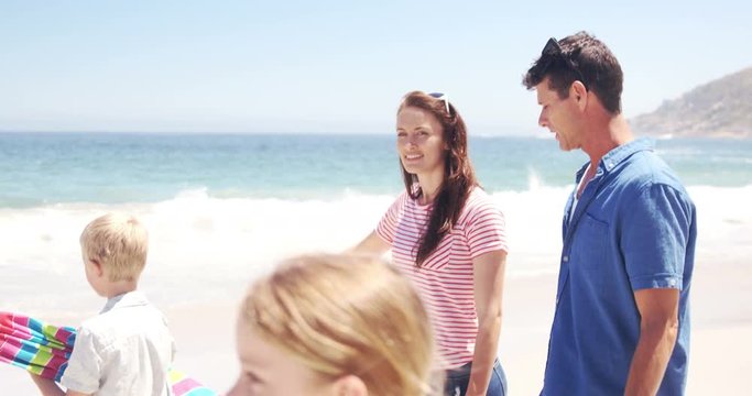 Young family walking together with picnic stuff on the beach