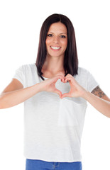 Pretty brunette woman in love making the shape of a heart with h