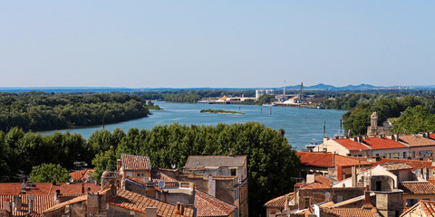 view above the old town Arles (southern France) with Rhône river in background