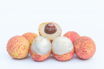 Group of lychee and peeled on white background