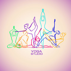 Colorful Female Silhouettes Doing Yoga Poses.
