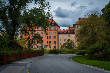 Fototapeta na wymiar Klefbecks backe and buildings on Skanegatan in Sodermalm, Stockh