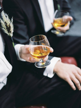 Sweden, Two man holding glasses with brandy
