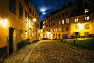 Pryssgränd, a cobblestone street at night, near Slussen, in Sö