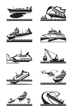 Maritime accidents with merchant and cruise ships - vector illustration