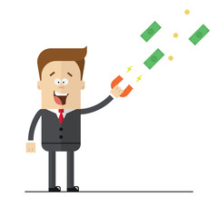 Businessman with a magnet to attract money. Isolated illustration on white background . Flat image