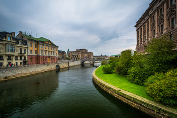 View of Norrström and buildings in Norrmalm, in Stockholm, Swed