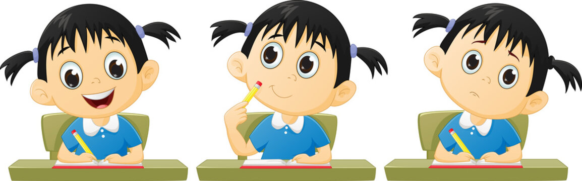 cartoon little girl studying