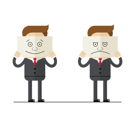 Businessman covers his face with paper painted emotions . Smile and sadness